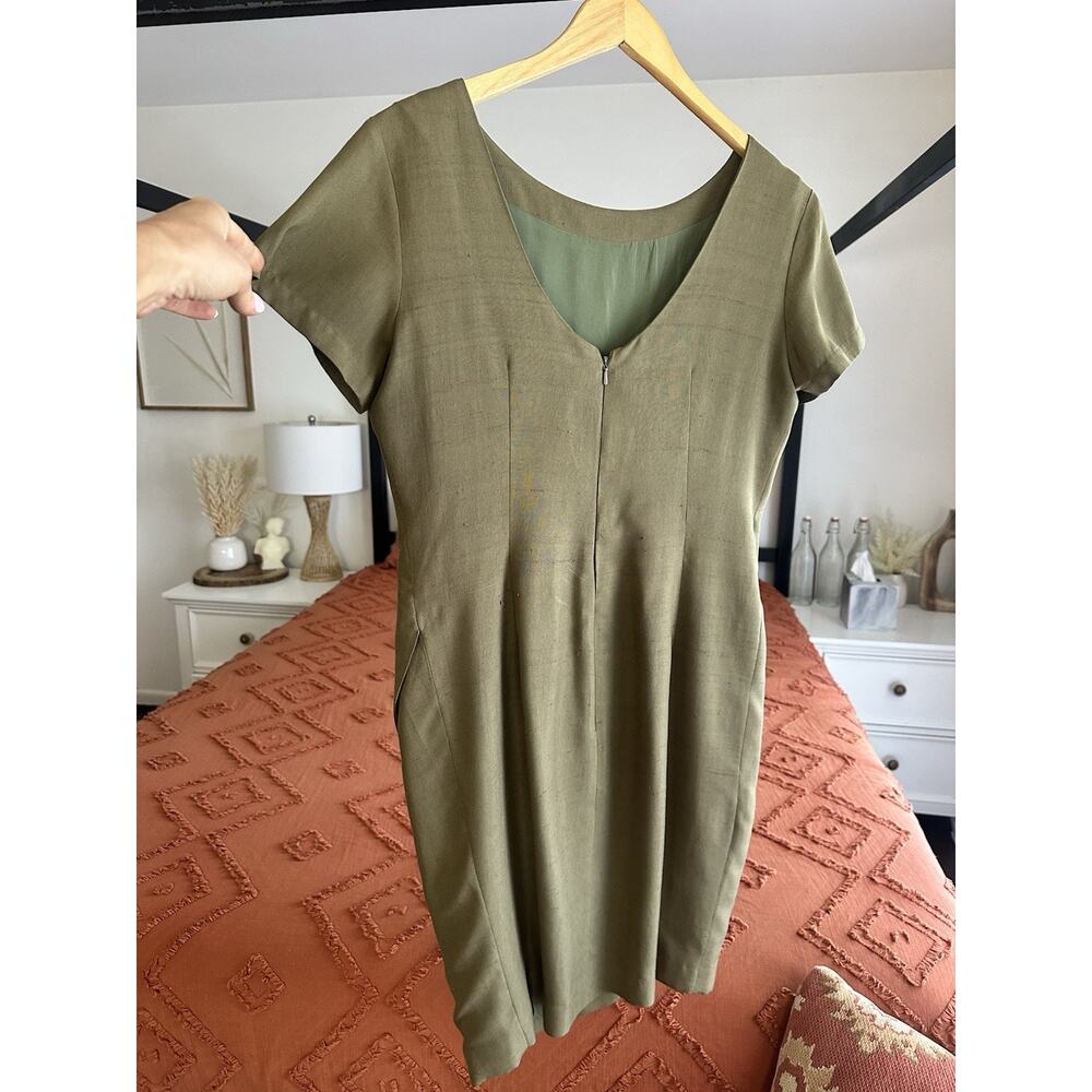 Vintage 60’s 70’s Olive Green Silk Knee Length Short Sleeve Dress Size Medium - Picture 4 of 4